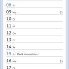 Kalenderseite August mit Feiertagen: Nationalfeiertag (CH) am 1., Mariä Himmelfahrt am 15. Infos: Rührei und Krabben.