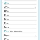 Kalender für August mit Feiertagen: 01 So Nationalfeiertag (CH), 15 So Mariä Himmelfahrt. Bunt bemalter Leuchtturm.