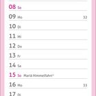 Kalenderseite August mit festgelegten Feiertagen. Oben ein Bild mit bunten Blumen und einem Baum im Hintergrund.