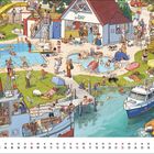 „08“ und Monats- sowie Wochentagsnamen. Szene eines belebten Schwimmbads und Hafens mit vielen Menschen und Aktivitäten.