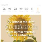 Juli/August 2027 Kalender: 26-1, Sonntag Nationalfeiertag (CH). Zitat: "Du kannst mit dem Glücklichsein nicht immer warten..." mit Sonnenblume.