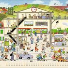 Ein historischer Bahnhof, grünes Zugabteil, Uhr zeigt 12:15. Lebhaftes Treiben, Menschen auf verschiedenen Etagen. August-Kalender.