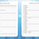 Januar und Februar 2028 Kalender. Feiertage: Neujahr, Heilige Drei Könige, Valentinstag, Rosenmontag, Fastnacht. Blaues Design.