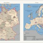 Links "Deutschland", rechts "Europa". Karten zeigen Ländergrenzen und Hauptstädte. Beige EU-Länder, blaue Ozeane.