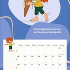 „August“, „Zwanzigsiebennervernerholungsurlaubsplatz“. Illustration: Kind mit riesigem Eis vor einem Kalender.