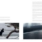 Links Text: Gedichte und Gedanken über Naturphänomene und Wahrnehmung. Rechts unten: Küstenlandschaft mit Meer und Baum.