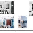 Texte: "Le Corbusier, Pierre Jeanneret, and Charlotte Perriand, Un équipement intérieur d'une habitation, bedroom and bathroom, 1929."  
Vier Innenansichten einer Wohnung mit modernen Elementen, darunter Schlafzimmer und Küche.