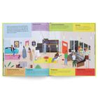 Texte: "Studiotechniker", "Die Band", "Instrumententechnikerin", "Assistent-Toningenieur", "Praktikantin", "Toningenieur", "Studiomusikerin".  

Illustration: Personen in einem Aufnahmestudio mit verschiedenen Instrumenten und Technik.