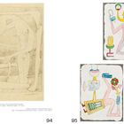 94 und 95. Drei abstrakte Zeichnungen mit surrealen Figuren in unterschiedlichen Posen und Farben.