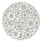 Illustration von Blumen in einem Kreis, feine Linien und Blätter. Jeweils eine Blumenranke in den vier Ecken.