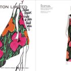 "HALSTON LIMITED", "Andy Warhol and Halston - Flowers". Skizze und Foto eines Kleides mit buntem Blumenmuster.