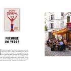 Logo mit Aufschrift "APÉRITIF GÉNÉRAL". Text: "PRENDRE UN VERRE". Café-Szene mit Menschen an Tischen auf Kopfsteinpflaster.