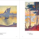 Paul Signac: Links "The Port at Sunset", rechts "Sails and Pines". Punktillistische Landschaften mit Segelbooten.