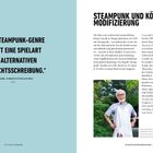 Links das Zitat: „Das Steampunk-Genre ist oft eine Spielart der alternativen Geschichtsschreibung.“ Rechts Artikel über Steampunk.