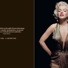 Zitate und Daten auf braunem Hintergrund links. Rechts Frau in goldenem Kleid, rote Lippen, blonde Locken auf schwarzem Hintergrund.