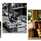 Text: „Beilagen“, „Higos 4x1000“. 

Links Feigen mit Preisschild. Mitte lachende Frau an Straßenstand. Rechts Obstladen.