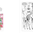 Text beschreibt Flamingos in der Gucci-Welt als exotische Motive. Links: Bunte Illustration mit Models, Flamingos und Giraffe. Rechts: Schwarz-weiße Zeichnung im gleichen Stil.