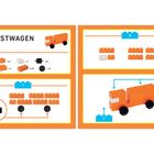 Bauanleitung für einen orangefarbenen Lastwagen aus Legosteinen mit Stückliste und dreischrittiger Montageanleitung.