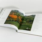 Text "INHALT" mit Kapiteln. Offenes Buch zeigt farbige Landschaft, herbstliche Bäume am Wasser.