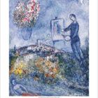 Gemälde von Marc Chagall zeigt einen Maler vor einer Staffelei, umgeben von Blumen, mit einer Figur und Blumen im Hintergrund.