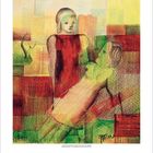 Gemälde von zwei stilisierten Figuren in einem abstrakten, bunten Rechteckmuster. Unten Zahlen von 1 bis 31.