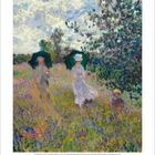 Der Text unten sind Monats- und Tageszahlen. Eine impressionistische Szene mit drei Personen in Blumenfeld.