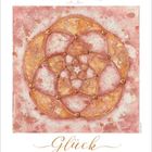 „Die Schönheit ist die Blüte des Glücks.“ Illustration mit goldenen, verschlungenen Kreisen auf rosa Hintergrund. Text: "Glück".