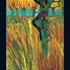 8, 2021. Öl auf Leinwand. Leuchtende Farben, Sonnenuntergang über Kornfeld. Dynamische Pinselstriche. Kalenderblatt.