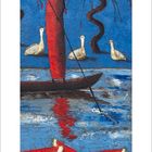 8 2021. Kalenderblatt. Illustration: Figur in rotem Gewand auf einem Boot, umgeben von Vögeln und Wassermelonen.