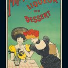 "LA MARQUISETTE LIQUEUR DE DESSERT" in roten großen Buchstaben, zwei elegant gekleidete Frauen und eine Flasche auf einem Tisch.