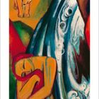 Ein Kalenderblatt für August 2021 mit einer farbenfrohen Illustration von Tieren, Wasser und abstrakten Formen.