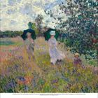 Gemälde von Claude Monet mit Menschen in einem blühenden Feld, zwei tragen Sonnenschirme. Darunter ein Kalenderblatt August 2023.