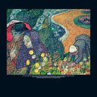 8 2027. Vincent van Gogh, bunte symbolhafte Figuren mit Blumen und Pfaden. Kalender unten mit Zahlen 1 bis 31.