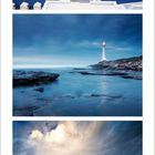 Kalender für August 2027: Drei Bilder. Oben: Himmel, Meer, weiße Kirche. Mitte: Leuchtturm. Unten: Strand, Boot, Wolken.