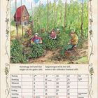 "August", "Hundstage hell und klar zeigen an ein gutes Jahr." Illustration: Menschen bei der Ernte im ländlichen Bereich.