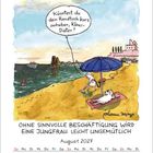 „Könntest du dein Handtuch kurz anheben, Klaus-Dieter?“ August 2027. Illustration: Am Strand mit Schaf und blauem Schirm.