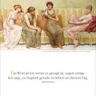 Juni 20-27, Zitat von Emily Dickinson über Worte. Illustration von Frauen in antiken Gewändern auf einer Bank. Datum unten.