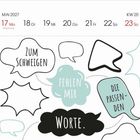 Kalender: Mai 2027, 17. Mo, Pfingstmontag. Sprechblasen mit Texten: "ZUM SCHWEIGEN FEHLEN MIR DIE PASSENDEN WORTE."