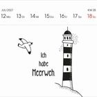 Kalenderseite: Oben "KW 28", "Juli 2027", Tage 12-18. Illustration: Möwe, Leuchtturm, Text "Ich habe Meerweh".