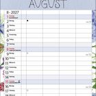 Kalender für August 2027, verziert mit Blumenillustrationen oben und links. Enthält Feiertage und Kalenderwochen.