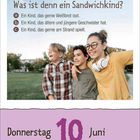 "Was ist denn ein Sandwichkind?" Antwort b ist richtig. Darunter steht "Donnerstag 10 Juni". Drei lachende Kinder im Freien.