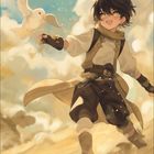 Kalender 8, 2021. Fröhlicher Junge mit Vogel in heller, windiger Umgebung. Er lächelt und trägt Abenteurerkleidung.