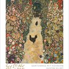Text: "Gartenweg mit Hühnern Gustav Klimt 1916". Illustration: Bunte Blumen und Hühner auf einem Gartenweg.