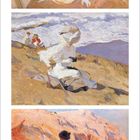 Kalenderblatt für August 2021, darunter drei Gemälde von Menschen am Strand in heller Kleidung mit Meereshintergrund.