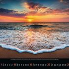 Kalenderseite mit Monat 9. Lila Landschaft bei Sonnenuntergang, große Felsen und Heidekraut im Vordergrund.