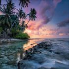 Leider gibt es keine erkennbaren Texte, dafür ein tropischer Strand bei Sonnenuntergang mit Palmen und farbenprächtigem Himmel.