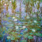 Keine Texte sichtbar. Eine impressionistische Darstellung eines Teichs mit Seerosen und hängenden Zweigen.