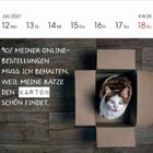 Kalender für Juli 2027. Text: "90% meiner Online-Bestellungen muss ich behalten, weil meine Katze den Karton schön findet." Eine Katze sitzt in einem Karton auf Holzboden.