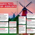MARCO POLO TOP-HIGHLIGHTS: Beschreibungen von Attraktionen in Ostfriesland und Umgebung. Windmühlen bei Sonnenuntergang.
