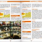 Texte heben Freizeitaktivitäten und Shoppingtipps hervor. Branchen: Sport, Stoffe, Wochenmärkte. Vielseitiges Angebot.